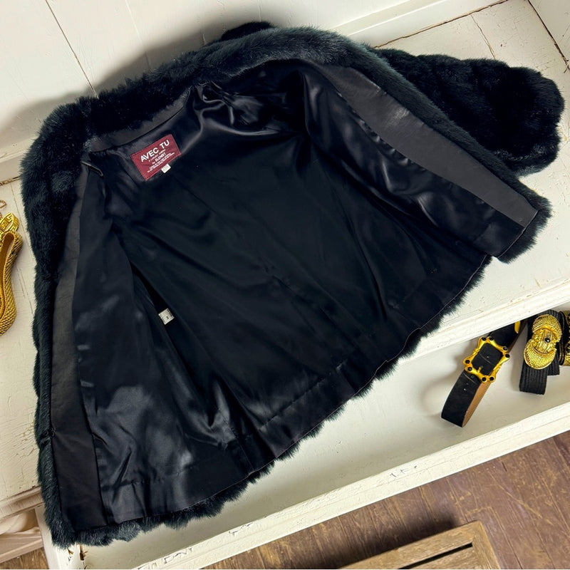 Vintage 80s 90s Avec Tu Black Faux Fur Cropped Jacket