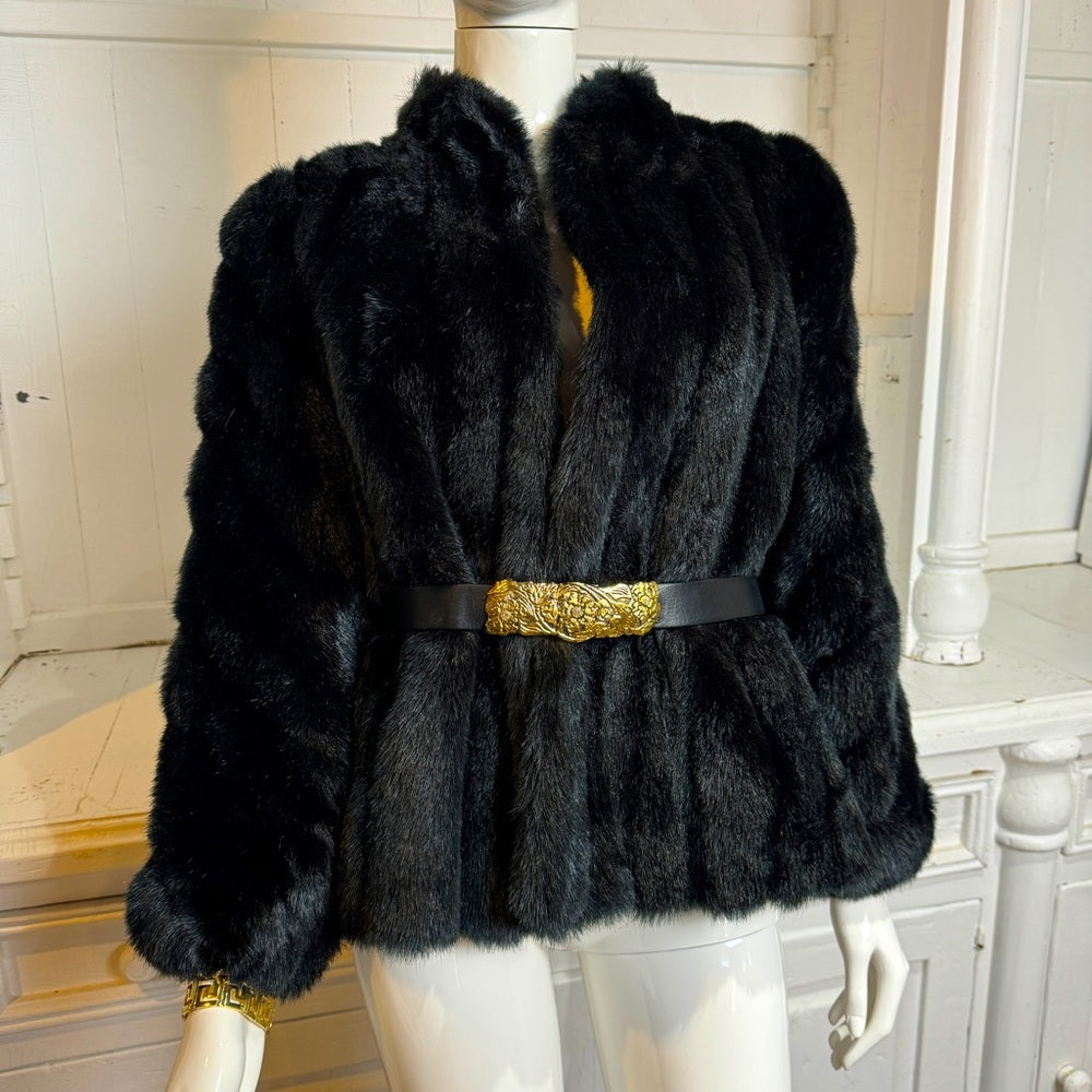 Vintage 80s 90s Avec Tu Black Faux Fur Cropped Jacket